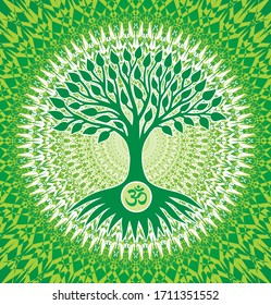 The tree of life with an om / aum/ ohm sign on a green and yellow openwork mandala background. Spiritual mystical and environmental symbol. Vector art graphic.