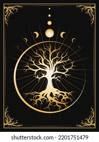 Tree of Life and Phases of Moon Medieval Esoteric Emblem on Black Background. Vector illustration.