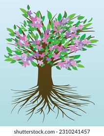 Tree of life with pink and purple flowers and green leafs. Light blue gradient background.