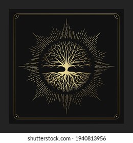 Tree of life with rays round shape design vector gold and green gradient isolated on black and white background	