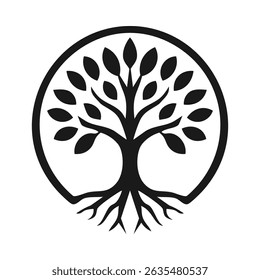 Tree of life roots circle icon. A circular nature symbol with branches and leaves. Isolated on a white background.