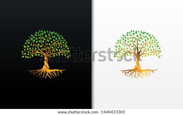 Tree of Life or Tree and roots vector\
isolated with round shape, tree with round shape, Tree of life\
design vector gold gradient isolated on black and\
white