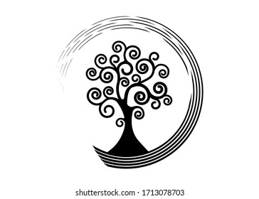 Tree of life round icon, Tree natural logo and black tree ecology illustration symbol icon vector design isolated on white background. abstract blossoming swirl tree