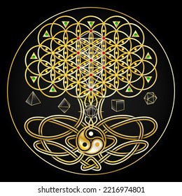 Baum des Lebens, sakraler Geometrischer Baum mit keltischen Knoten, Triskele, Lebensblume, Kabbalah, Metatron-Cube und platonische Feste