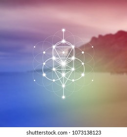 Tree of life sacred geometry kabbalah symbol in front of repeating interlocking circles pattern and blurry photo background.