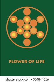 Tree of life. Seed of life. Flower of life. Sacral geometry. Alchemical symbol. Stock vector. Orange on the green.