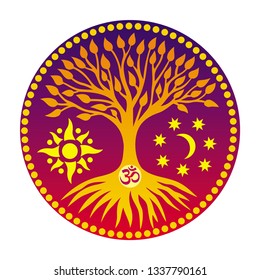 The tree of life with the sign Aum / Ohm / Om  in the center of the mandala  on the background of the moon and the sun. Spiritual and sacred symbol. Vector graphics.
