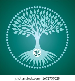 The tree of life with  sign aum / om,  in the center of the circle of the mandala. Stylized symbolic picture. Vector art graphic.