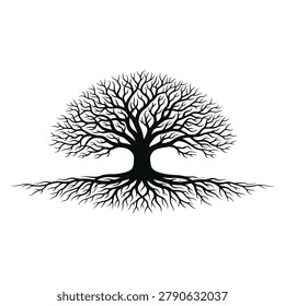 Tree of Life Silhouette with Deep Roots and Bare Branches Vector flat Illustration