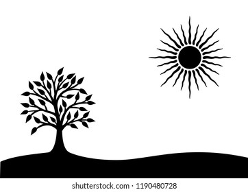 The tree of life and the sun. Black and white character graphics. Vector drawing.