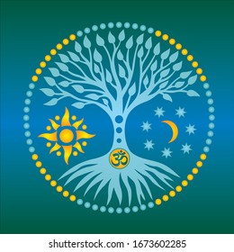 The tree of life with the sun and the moon and sign aum / om,  in the center of the circle of the mandala. Stylized symbolic picture. Vector art graphic.