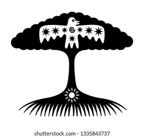 The tree of life. Symbolic tree with sun and bird. Mystical fantasy pattern. Black and white vector symbolic graphics.