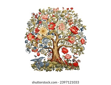 The tree of Life. Traditional symbol. Millefleurs trendy floral design. Clip art, set of elements for design Embroidery imitation. Vector illustration.