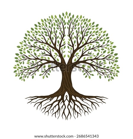 Tree of Life Vector Illustration, Circle Shape with Roots and Green Leaves, Symbol of Growth, Nature, and Strength