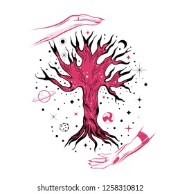 Tree of life vector illustration. Tattoo art style. Bohemian motifs.
