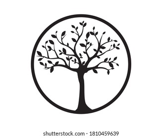 Tree of life, vector. Tree silhouette in circle, illustration. Wall art, artwork, metal art design. Tree in round frame. Black and white minimalist art design.