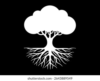 Tree of life is visually represented in this stark black and white silhouette logo and intricate root system mirroring its branches, symbolizing connect.