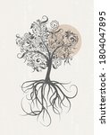 Tree of life wall art print family love symbol wall poster wedding gift tree nature mid century painting home decor, vector