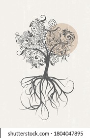 Tree of life wall art print family love symbol wall poster wedding gift tree nature mid century painting home decor, vector
