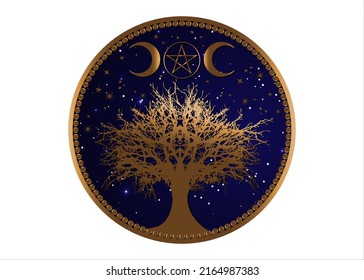 árbol de la vida Signo Wicca mandala, Pentáculo dorado místico de la luna, geometría sagrada, luna de oro, media luna, símbolo pagano de la triple diosa Wiccan, vector aislado en el fondo azul del cielo estrellado nocturno