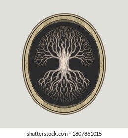 tree of life in wooden frame detailed handdrawn vintage vector illustration