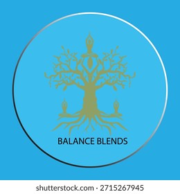 Diseño del logotipo del yoga del árbol de la vida con figuras y raíces meditantes sobre fondo azul