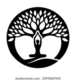 Tree of Life yoga vector black and white. Silhouette of Tree of life with girl practicing yoga.