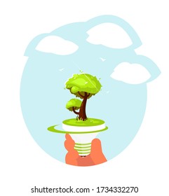 Tree with a light bulb. The concept of ecology and environmental cleanup