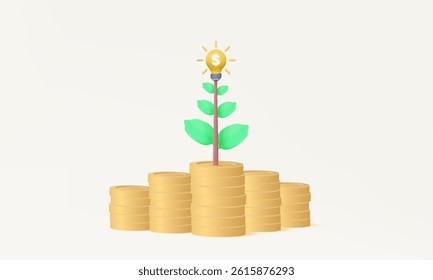Tree light bulb idea passive income stacks coins money budget fund profit interest for invest financial successful growth business development management concept. 3d vector illustration
