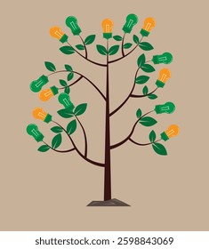 Tree with Light Bulbs Flat Style. Technology and lighting equipment, business and bright idea generation vector art