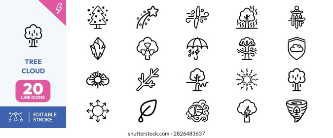 Tree, lightning bolt, storm cloud, comet, sunburst, tornado, crystal, fog, umbrella, rain, snowflake, treehouse, campfire, leaf, mushroom, and and shield for environmental and weather-themed designs.