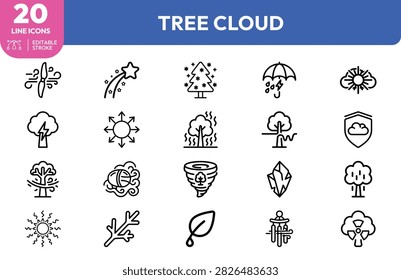 Tree, lightning, storm, sun, cloud, umbrella, rain, snowflake, crystal, fog, tornado, comet, fire, volcano, leaf, mushroom, treehouse, and and campfire for environmental and weather-themed designs.