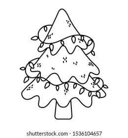 tree with lights decoration celebration merry christmas vector illustration thick line