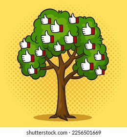 tree with likes thumb up fruits symbols pinup pop art retro vector illustration. Comic book style imitation.