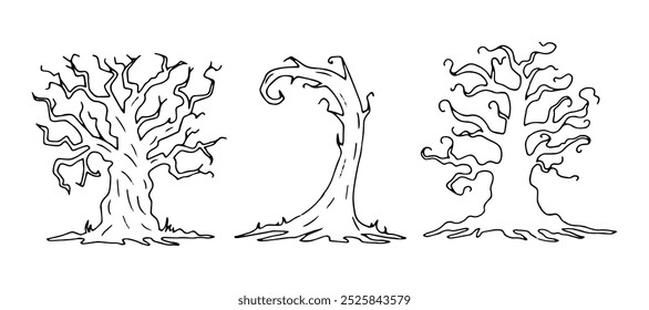 Tree line art set. Black outline drawing of curved, twisted plant for Halloween. Hand drawn graphic clipart. Nature element for spooky decor and party invitation design. Simple Doodle style.