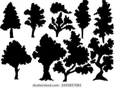 Conjunto de Silhuetas de Arte com Linha de Árvore | Ilustração de vetor botânico mínimo
