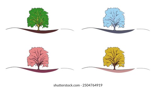 Tree in line art style, four seasons - spring, summer, autumn, winter. Vector illustration. Isolated on white background. Abstract simple illustration