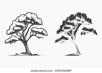 Vector de arte de línea de árbol, vector de silueta de árbol, arte de árbol en blanco y negro, libro de coloración de líneas de árbol, vector aislado