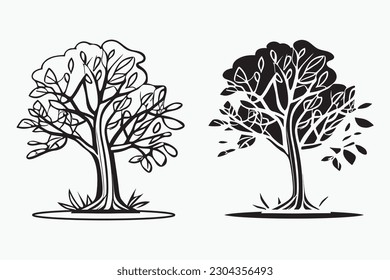 Tree line art vector, Tree silhouette vector, Black and white tree art, Tree line art coloring book,vector isolated
