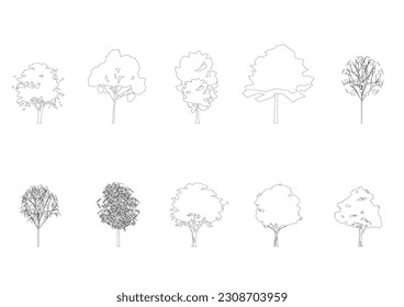 tree line drawing, Side view, graphics trees elements single object outline minimal plant symbol for architecture and landscape design. Vector illustration in stroke fill in white. forest, tropical.