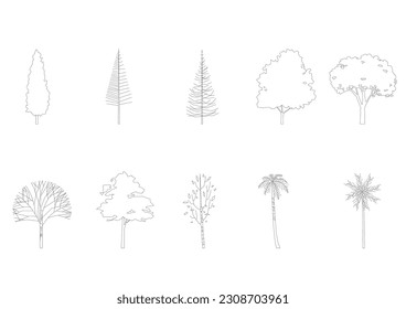 tree line drawing, Side view, graphics trees elements single object outline minimal plant symbol for architecture and landscape design. Vector illustration in stroke fill in white. forest, tropical.