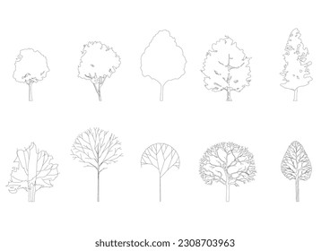 dibujo de línea de árbol, vista lateral, elementos de árboles gráficos de un solo objeto contorno símbolo de planta mínimo para arquitectura y diseño de paisaje. Ilustración vectorial en el trazo rellena de blanco. bosque tropical.