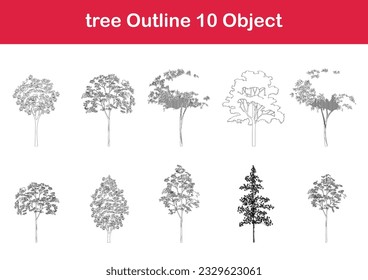 tree line drawing, Side view, graphics trees elements single object outline minimal plant symbol for architecture and landscape design. Vector illustration in stroke fill in white. forest, tropical.