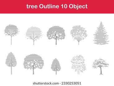 tree line drawing, Side view, graphics trees elements single object outline minimal plant symbol for architecture and landscape design. Vector illustration in stroke fill in white. forest, tropical.