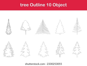 tree line drawing, Side view, graphics trees elements single object outline minimal plant symbol for architecture and landscape design. Vector illustration in stroke fill in white. forest, tropical.