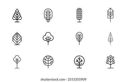 Tree line icon set. black line collection Tree. 