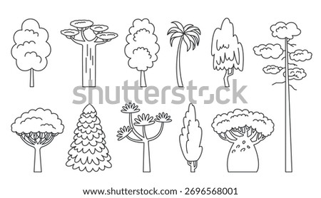 Tree line icon set. Coloring book eco plants side view. Spruce maple baobab palm sequoia. Dracaena willow cypress thuja pine oak poplar birch. Cartoon forest aspen alder ash linden acacia chestnut