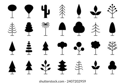 Tree Line Icon Set. Logo Design Vector Different Trees Shapes Elements Collection