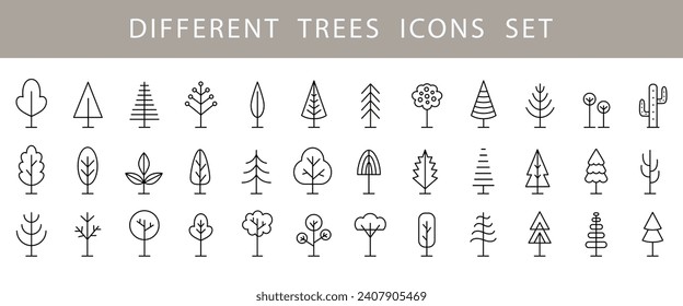 Juego de iconos de la línea de árbol. Colección de elementos de formas de diferentes árboles de diseño de logotipos