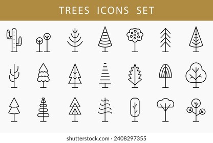 Tree Line Icon Set. Logo Design Vector Different Trees Shapes Elements Collection